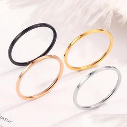 Anillos de racimo 1 mm de oro Sier Negro Anillo de banda de acero inoxidable para mujeres Hombres Simple Compromiso fino Pareja Anillos Moda Joya Dhgarden Dhniv