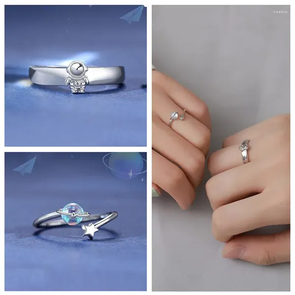Anillos de racimo 1 unid anillo de pareja plateado para mujeres hombres amistad pixiu astronauta estrella zarza rosa encanto ajustable regalos de aniversario
