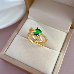 Clusterringen 1pcs Dubbellaags Kubieke Zirkoon Voor Vrouwen Open Goud Kleur Groen Kristal Blad Vingerring Boho Sieraden Valentijnsdag Cadeau