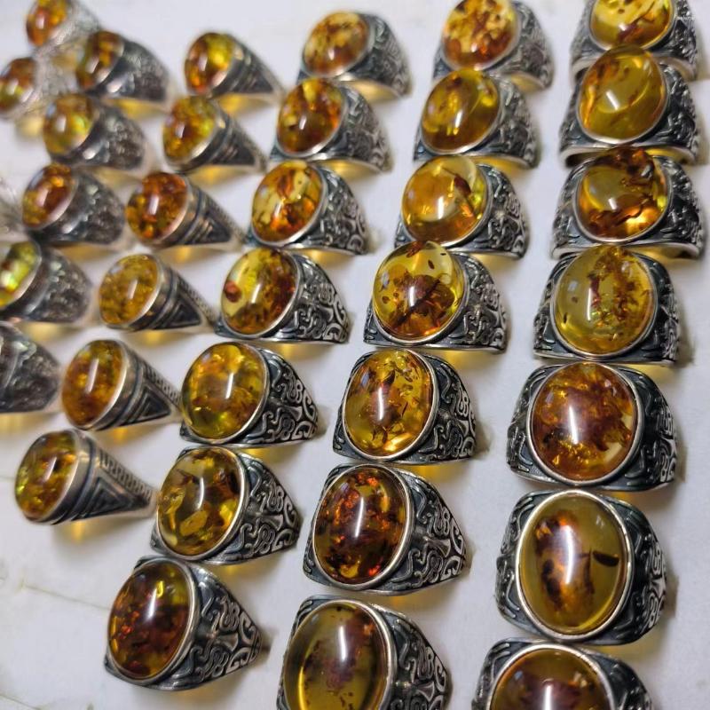 Anelli a grappolo 1pcs/lotto anello floreale ambra naturale prezioso e raro intagliato S925 Silvery Registrato di compleanno di matrimonio regolabile sofisticato