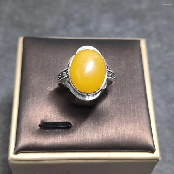 Bagues en grappe 1pcs / lot Bague en ambre naturel Jaune S925 Argent sterling Diamètre intérieur 18mm Accessoires précieux beaux et de haute qualité