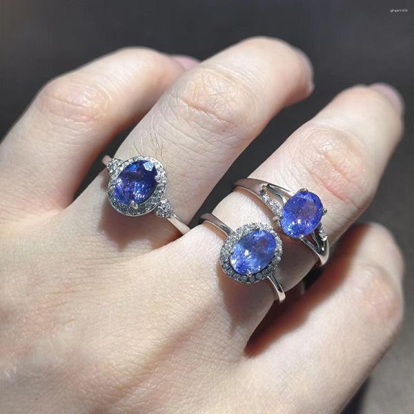 Anillos de racimo 1 unids / lote anillo de tanzanita natural gema azul S925 plata esterlina con diamantes tamaño ajustable joyería de las señoras una variedad de estilos