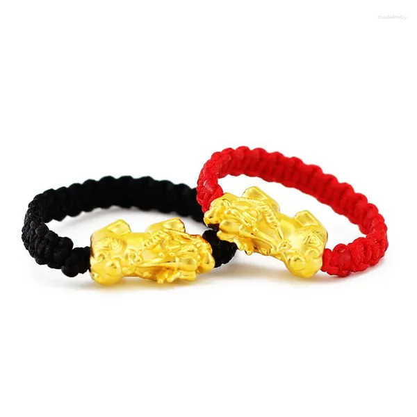 Anillos de racimo 1 unids real 24k anillo de oro amarillo suerte de mujer pixiu rojo cuerda negra tejido tejido para mujeres hombre US 5-10