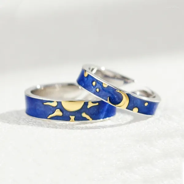 Anneaux de cluster 1pcs Sun et Moon Lover Couple Promesse Bandes de mariage pour lui son ciel étoilé bleu ouvert bijoux romantiques