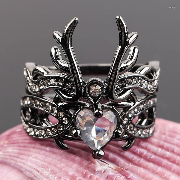 Anillos de racimo 2 unids/set encanto Animal cuerno negro ciervo asta para mujer chica corazón cristal CZ anillo estilo Punk fiesta pareja joyería regalos