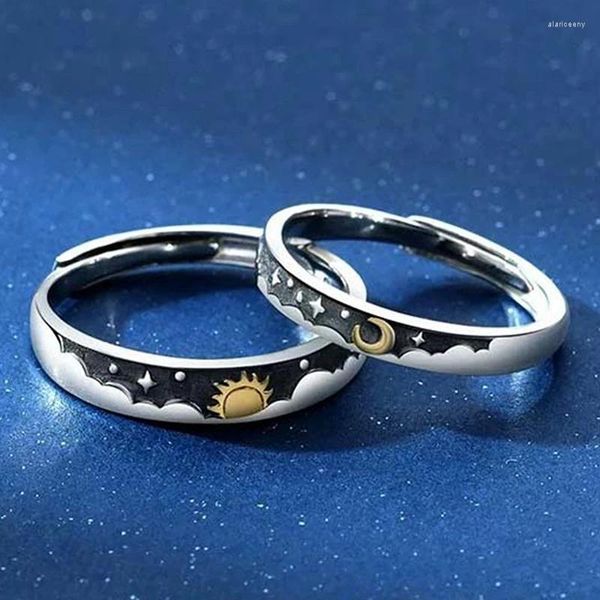 Anneaux de cluster 2 pièces / ensemble couple pour femmes soleil lune dauphin ailes électrocardiogramme croix correspondant bijoux doigt anneau ouvert