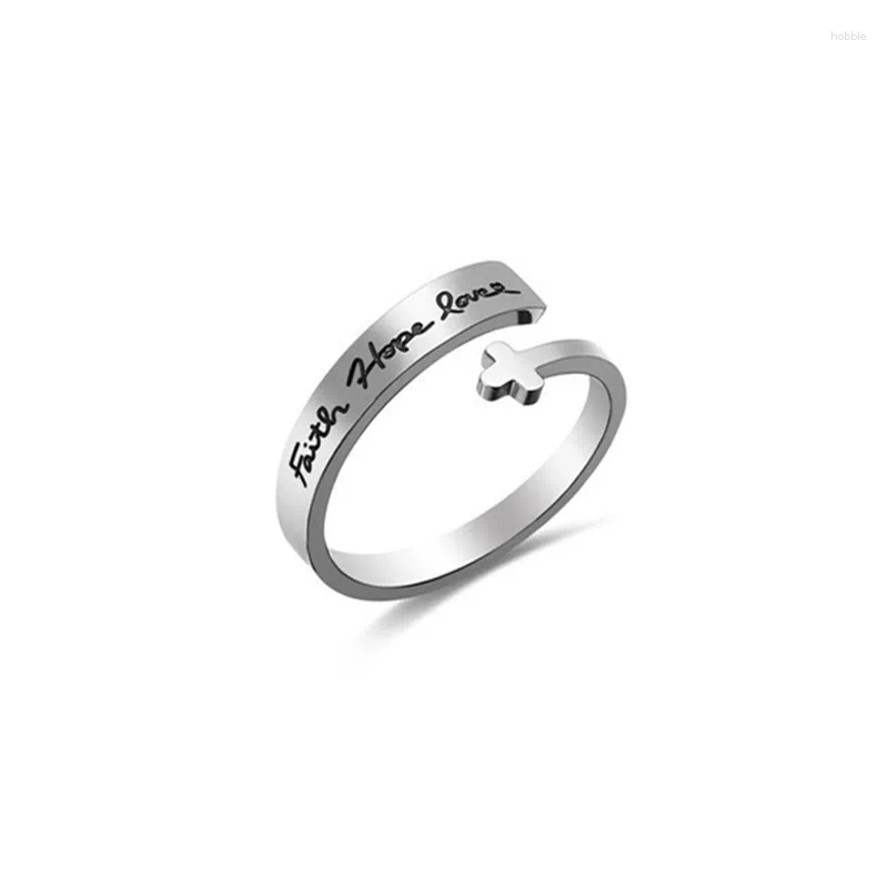 Cluster Rings 2023 Arrive Engraved Love Faith Cross Ring For Men Adjustable Stainless Steel Anillo Hombre Accessories