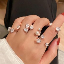 Cluster anneaux 2023 élégant cristal perle ouvert papillon anneau pour les femmes brillant géométrique cubique zircone mariage fête bijoux cadeaux