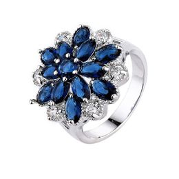Cluster ringen 2023 Fashion Royal Blue Crystal Big Wedding For Women Romantic Ring Bague Femme Silver-Color vrouwelijke sieraden dropship