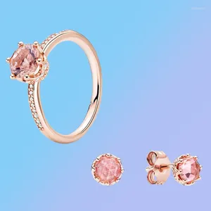 Bagues de cluster 2023 Haute Qualité S925 Sterling Argent Original Niche 1: 1 Rose Brillant Solitaire Couronne Bague Boucles D'oreilles Cadeau Romantique Pour Les Filles