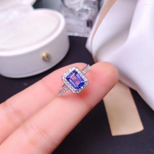 Cluster Anneaux 2023 De Luxe Rectangle Tanzanite Anneau 5x7 Mm Pierre Précieuse Pour Mariage Solide 925 Bijoux En Argent Bon Cadeau