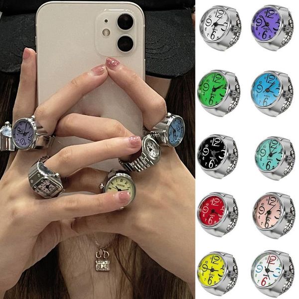 Anillos de racimo 2023, reloj de dedo Punk, Mini correa elástica, relojes de aleación, reloj de joyería para parejas, reloj Retro de cuarzo romano para mujeres y niñas