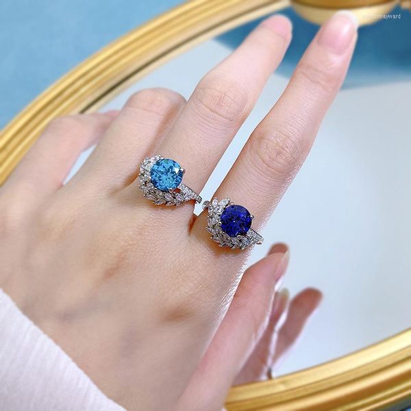 Anillos de racimo 2023 S925 plata océano azul tesoro 8mm anillo de diamante redondo para mujeres en moda europea y americana Versátil