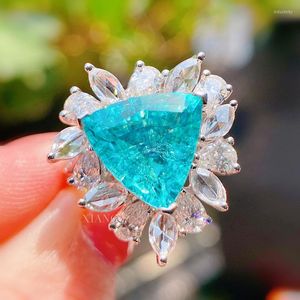 Clusterringen 2023 SILVER Mode Temperament Imitatie Natuurlijke Paraiba Toermaline Color Treasure Full Diamond Opening Ring for Women