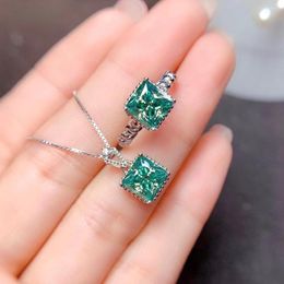 Clusterringen 2023 vierkante groene moissanietring en ketting voor vrouwen sieraden set echt 925 zilveren verjaardag cadeau 2 edelstenen lab diamant