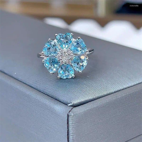 Bagues de cluster 2023 Test Vente S925 Sterling Argent Blanc Or Naturel Bleu Ciel Topaze 5mm Bague Lady Cadeau