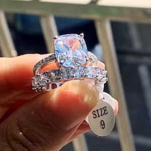 Cluster Ringen 2023 Top Verkoop Paar Luxe Sieraden 925 Sterling Zilver Kussen Vorm Wit Topaz CZ Diamond Wedding Bridal ring Set