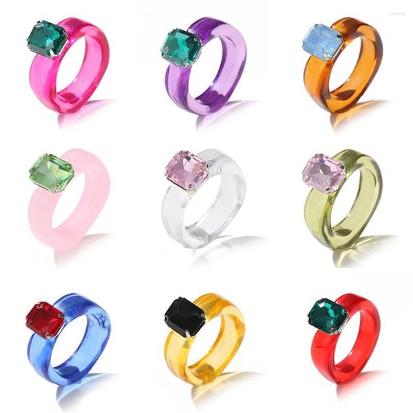 Bagues de cluster 2023 Tendance Coloré Résine Bague d'humeur Vintage Simple Acrylique avec strass géométrique Hip Hop Bijoux en plastique