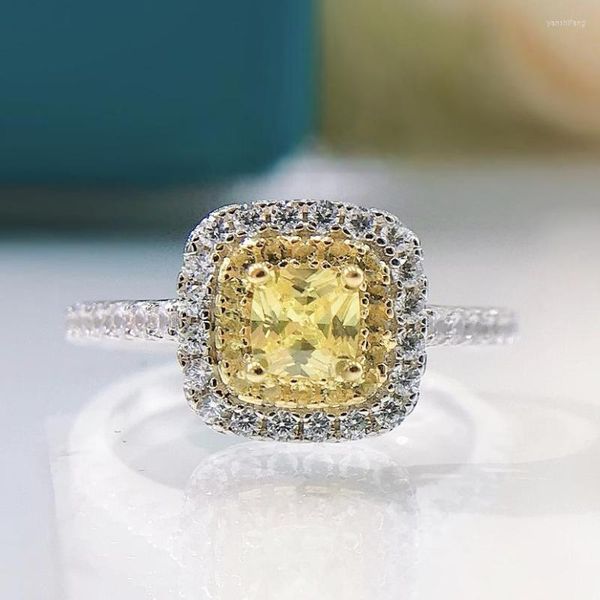 Cluster Rings 2023 Femme Argent 925 Micro-set Ring Princess Girl Series 4 Fat Square Yellow Diamond Wedding