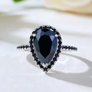 Anneaux de cluster 2024 925 Argent 7 11 Goutte d'eau en forme de poire Noir Zircon Bague Vintage Simple