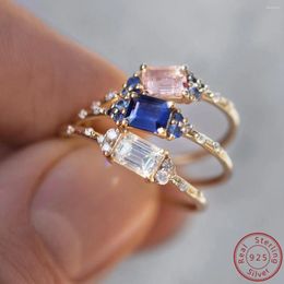 Anillos de clúster 2024 Fashion 925 Sterling Silver Square Circon Ring 3 Colors Compromiso de mujeres Joyas románticas de lujo