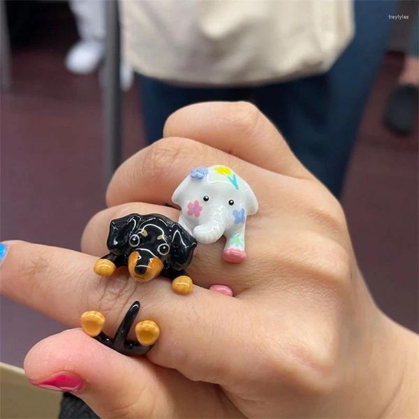 Bagues de cluster 2024 Mode Dripping Oil Cartoon Teckel Bague Bijoux Accessoires Alliage Funny Finger Boucle Style Elephant Cadeau