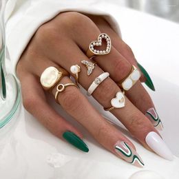 Bagues de cluster 2024 Ins Trend Pearl Love Heart Bear Fishtail Finger Knuckle Set pour femme Boho Gold Couleur Bijoux Accessoires pour femmes