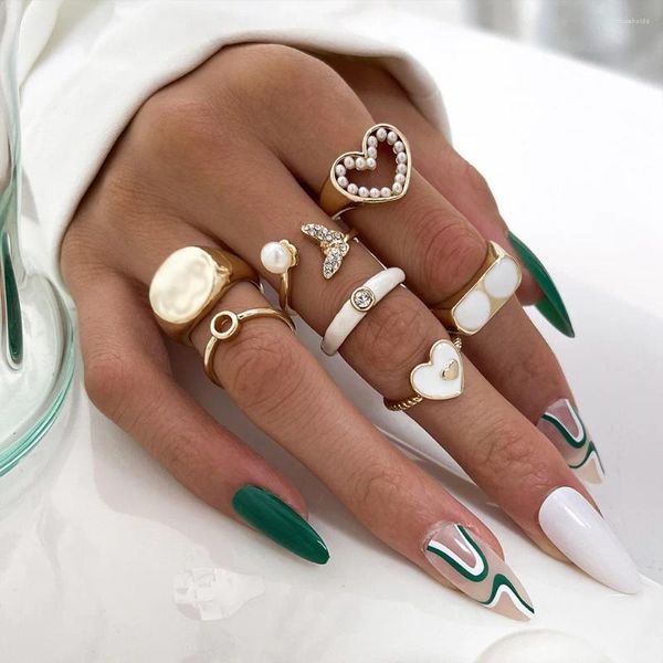 Anillos de racimo 2024 Ins Trend Pearl Love Heart Bear Fishtail Finger Knuckle Set para mujer Boho Gold Color Accesorios de joyería para mujer