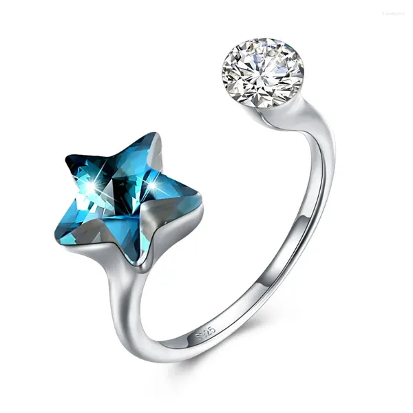 Bagues de cluster 2024 Véritable élément de cristal d'Autriche 925 Sterling Silver Blue Star et Moon Ring Luxe Fine Bijoux pour femmes