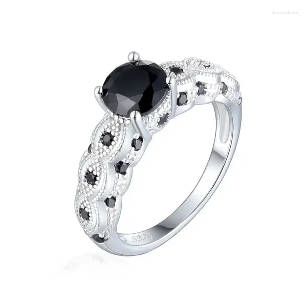 Cluster Anneaux 2024 S925 Bijoux en argent sterling 6,5 mm Black Stone Wedding For Women Zircon Engagement Ring Fine