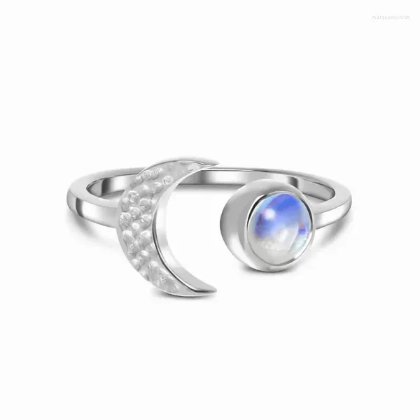 Bagues de cluster 2024 S925 Sterling Silver Lune incrustée de diamant Moonstone Ouverture Bague réglable Femme Minorité Bijoux