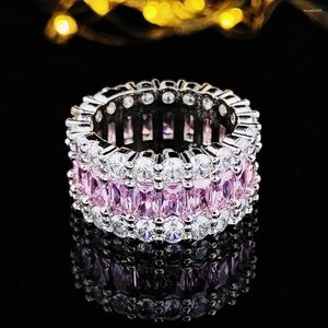 Bagues de cluster 2024 Tendance Rose Couleur Ronde Argent Esthétique Eternity Band Bague Pour Femmes Anniversaire Cadeau Bijoux En Gros R6156