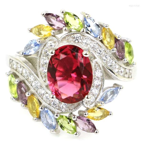 Anillos de racimo 20x19mm Jazaz multicolor 4,8g granate citrino amatista peridoto CZ aguamarina para mujer 925 plata esterlina sólida