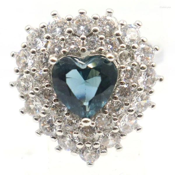 Cluster anneaux 20x19mm princesse coeur coupé en forme de coeur Swiss Blue topaze Londres blanc cz cz brillant argent