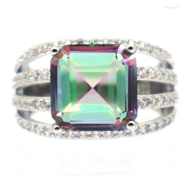 Cluster Anneaux 21x13mm Déclaration 5.8g Fire Rainbow Mystic Topaz Real Red Ruby CZ Madies Mariage Silver