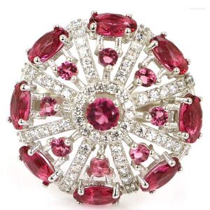 Bagues en grappe 21x21mm Jazaz luxe 4.4g forme ronde vert émeraude rhodolite grenat CZ femmes mariage 925 argent massif