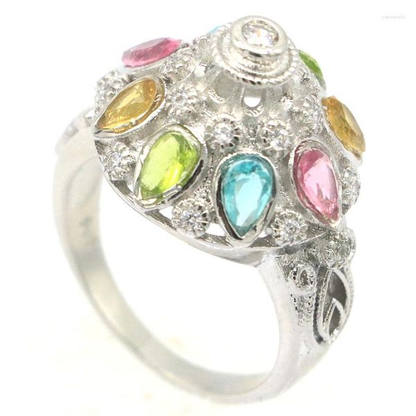 Anillos de racimo 22x18mm Corte princesa 3D 6.2g Turmalina rosa Aguamarina Peridoto Citrino CZ Plata Venta al por mayor Gota