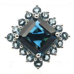 Bagues Grappe 22x22mm Magnifique Carré 5g Topaze Bleu Londres Foncé Femmes Fiançailles Rencontres Argent 925