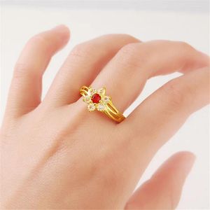 Cluster Ringen 24k Goud Kleur Rood Hart/bloemen Kristal Ring Kleur Anniversary Sieraden Voor Vrouwen Zirconia Steen