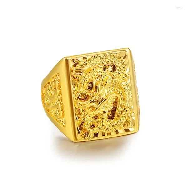 Bagues de cluster 24K Pure Yellow Gold Bague pour hommes Luxe Dragon Réglable Gentleman Mariage Bijoux Cadeau 2024 Tendance