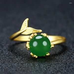 Cluster Anelli 24k Oro Reale Placcato Rame Giada Verde Coda di Pesce Anello Donne Gioielleria Raffinata Myanmar Giadeite Donna Regolabile Giade fascia