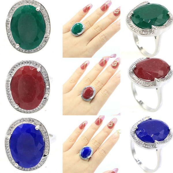 Bagues de grappe 25x20mm grosse pierre précieuse ovale 8.3g véritable vert émeraude bleu saphir rouge rubis CZ femmes fiançailles 925 bagues en argent mariée Fine Jewelry G230228