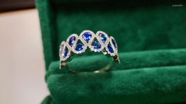 Anillos de racimo 2798 Sólido 18K Oro Naturaleza 1.36ct Azul Zafiro Piedras preciosas Diamantes para mujeres Regalos de joyería fina