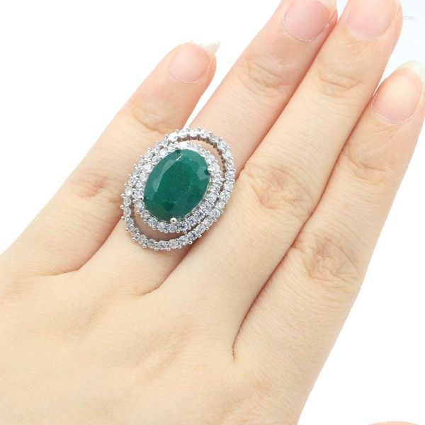 Anillos de racimo 28x21 mm Corte princesa 7.5 g Real verde esmeralda blanco CZ Mujeres Citas Damas Plata