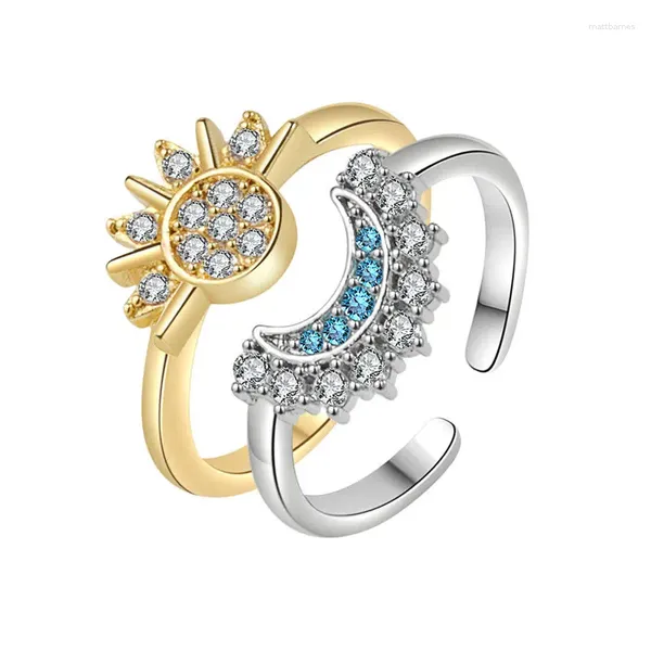 Cluster anneaux 2pc / set couple d'été anneau set ciel bleu étincelante lune et soleil 2024 bijoux de fiançailles aux doigts empilables pour femmes