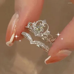 Cluster Ringen 2 Stuks Kroon Vrouwen Open Verstelbare Kristal Paar Gekoppelde Ring Engagement Huwelijksverjaardag Sieraden Mode Vriendin Gift