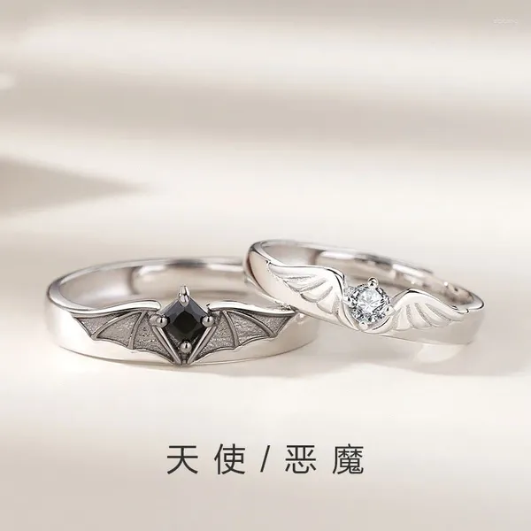 Anillos de racimo 2 unids romántico ángel demonio pareja para mujeres lujo circón luna piedra ala anillo a juego estético compromiso joyería regalos