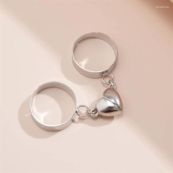 Anillos de racimo 2 unids/set pareja amor anillo magnético corazón ajustable imán joyería abierta compromiso para mujeres