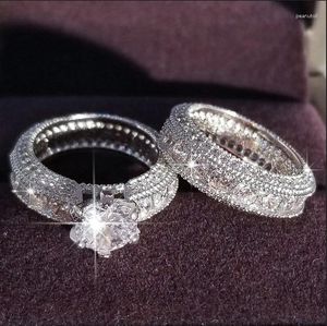 Cluster Ringen 2 stks/set Prachtige 925 Zilveren Kleur Ring Witte Saffier Partij Sieraden Belofte Gift Engagement Wedding Band