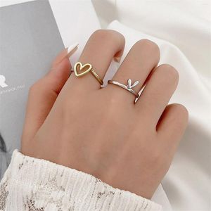 Bagues de cluster 2pcs / set mode doux coeur creux anneau réglable pour les femmes simples style propre à la mode filles bijoux 17mm (taille américaine 6.5)